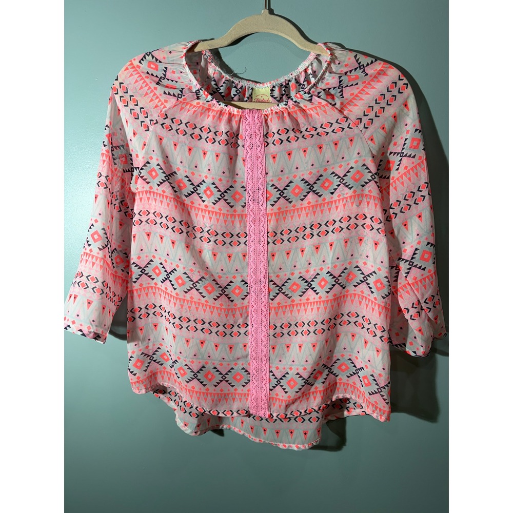 Faded Glory Girls XL 14-16 Neon Pink Aztec Geometric Lace Trim Peasant Blouse